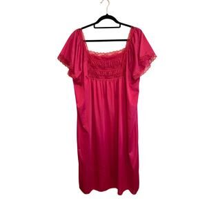 Vintage Rikki NY Nylon Nightgown XL Fuschia Deep Pink Lace Neckline Size 42